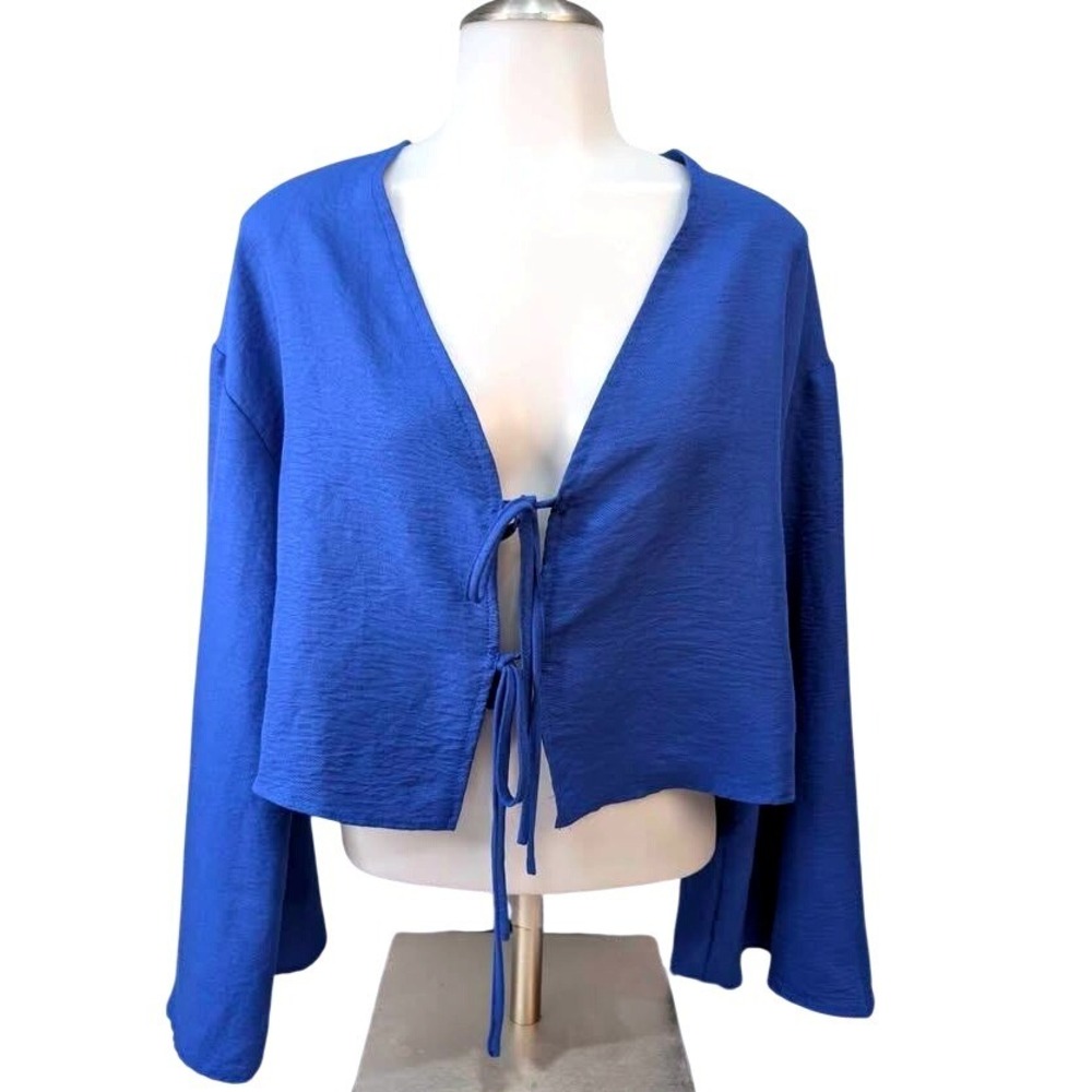 Shein~Solid Color Royal Blue~Simple Daily Lace-Up Sleeve Blouse~Women's Medium
